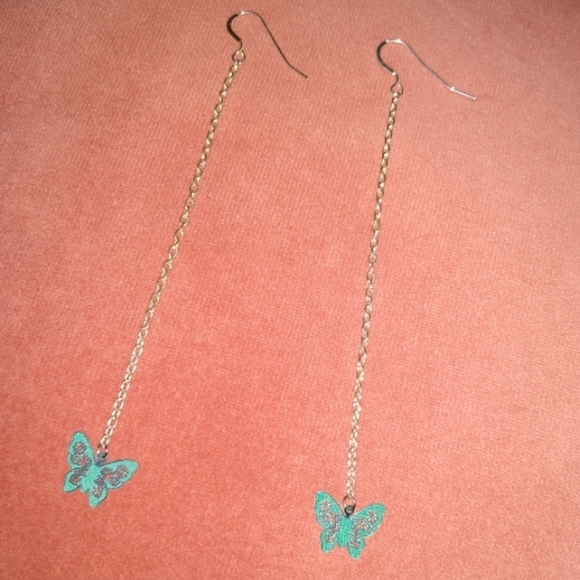 Solid 925 Sterling Silver Hooks Long Chain Blue Handmade Butterfly Earrings New - Picture 1 of 9